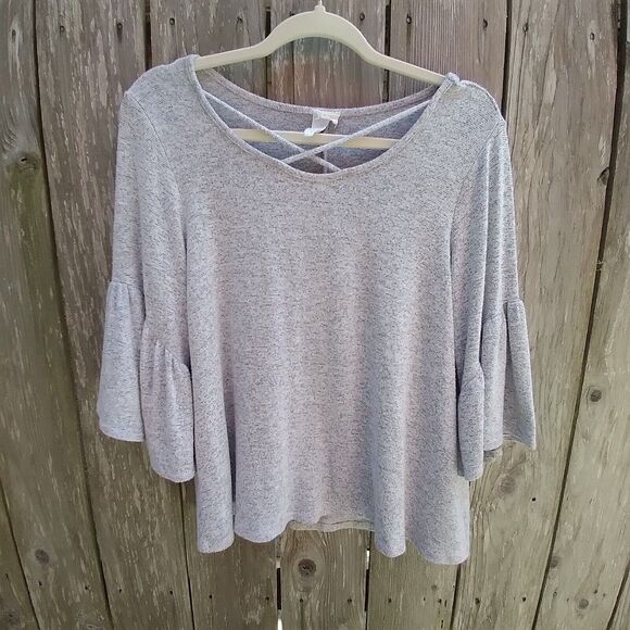 Caution To The Wind size L gray rayon knit top flounce sleeve - Picture 8 of 12
